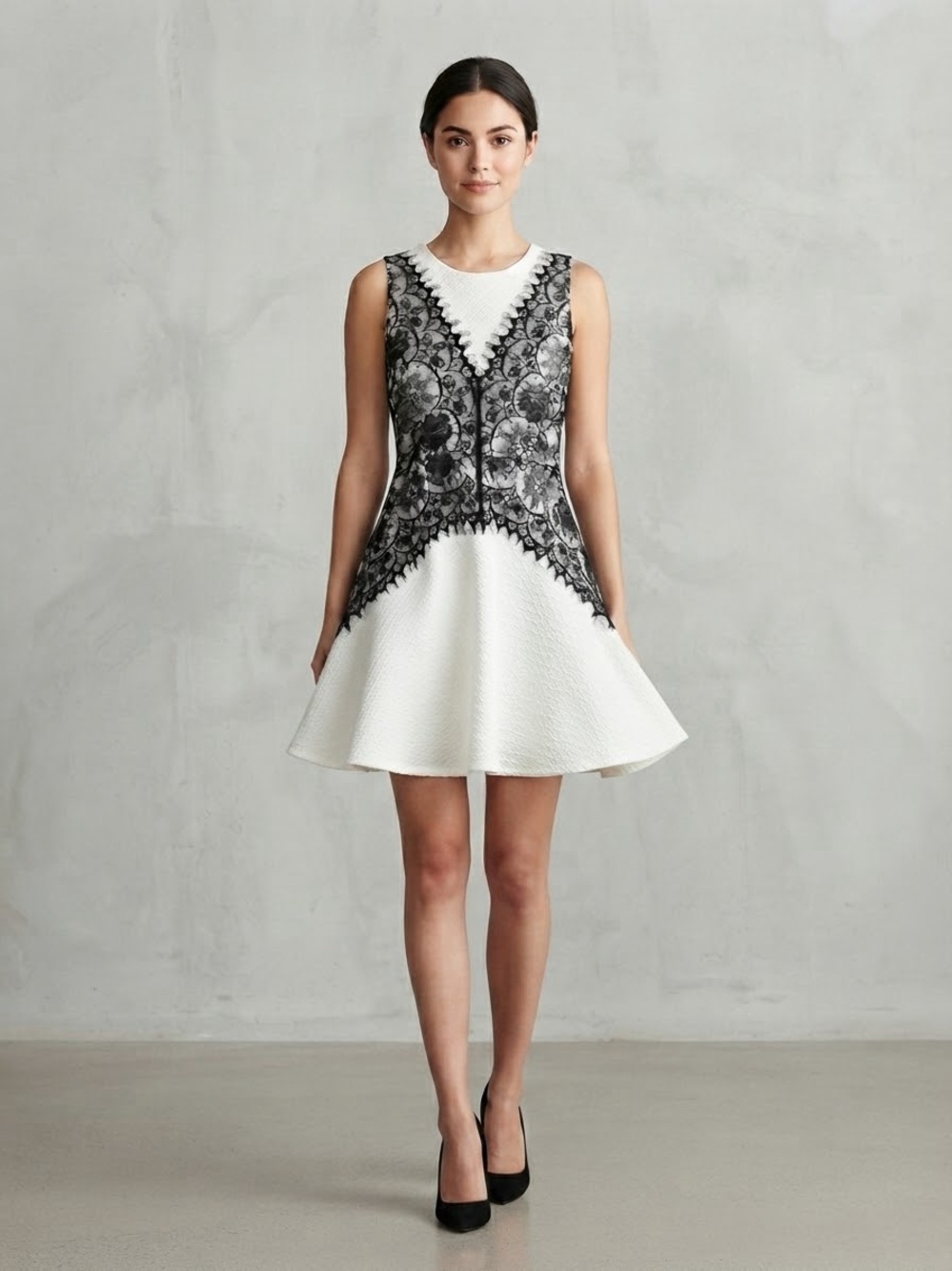 Francesca's Collections White Mini Dress with Black Lace Overlay Medium